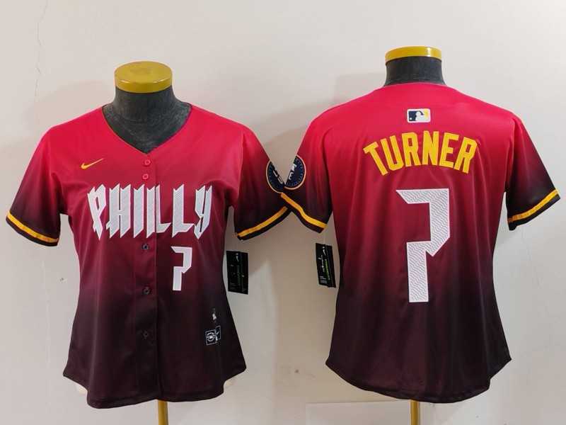 Womens Philadelphia Phillies #7 Trea Turner Number Red 2024 City Connect Limited Jersey
